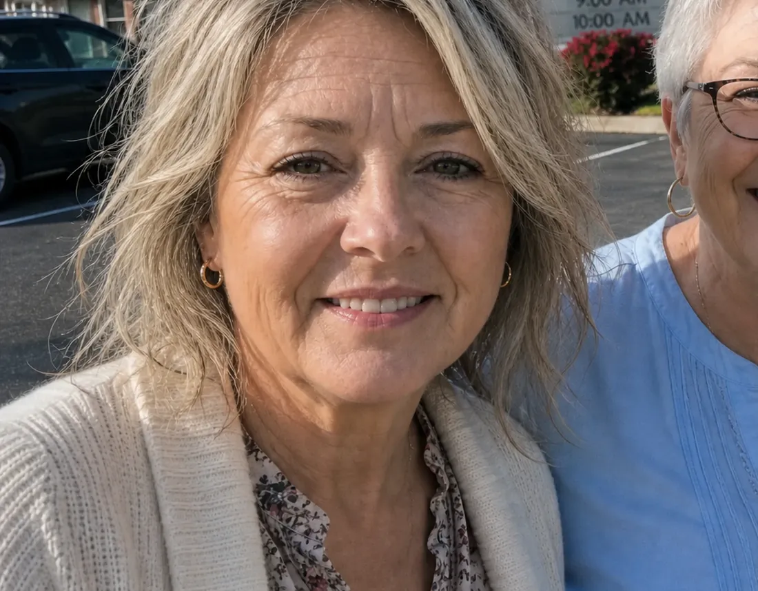 Smiling woman in her fifties taking a selfie outdoors